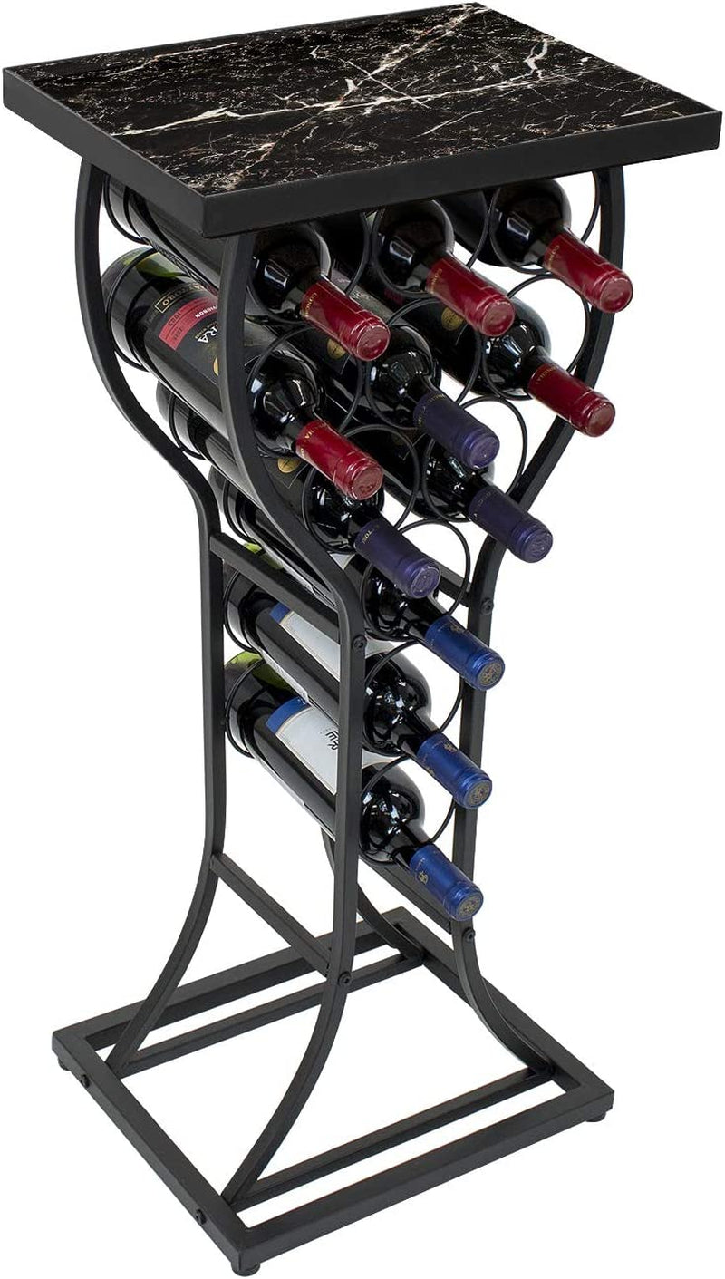 Wine Rack Console for Home Bar - Mini Wine Stand with Faux Black Marble Table Top - Durable Metal Freestanding Wine Storage Cabinet Shelf - Wine Racks Free Standing Floor Holds 11 Wine Bottles