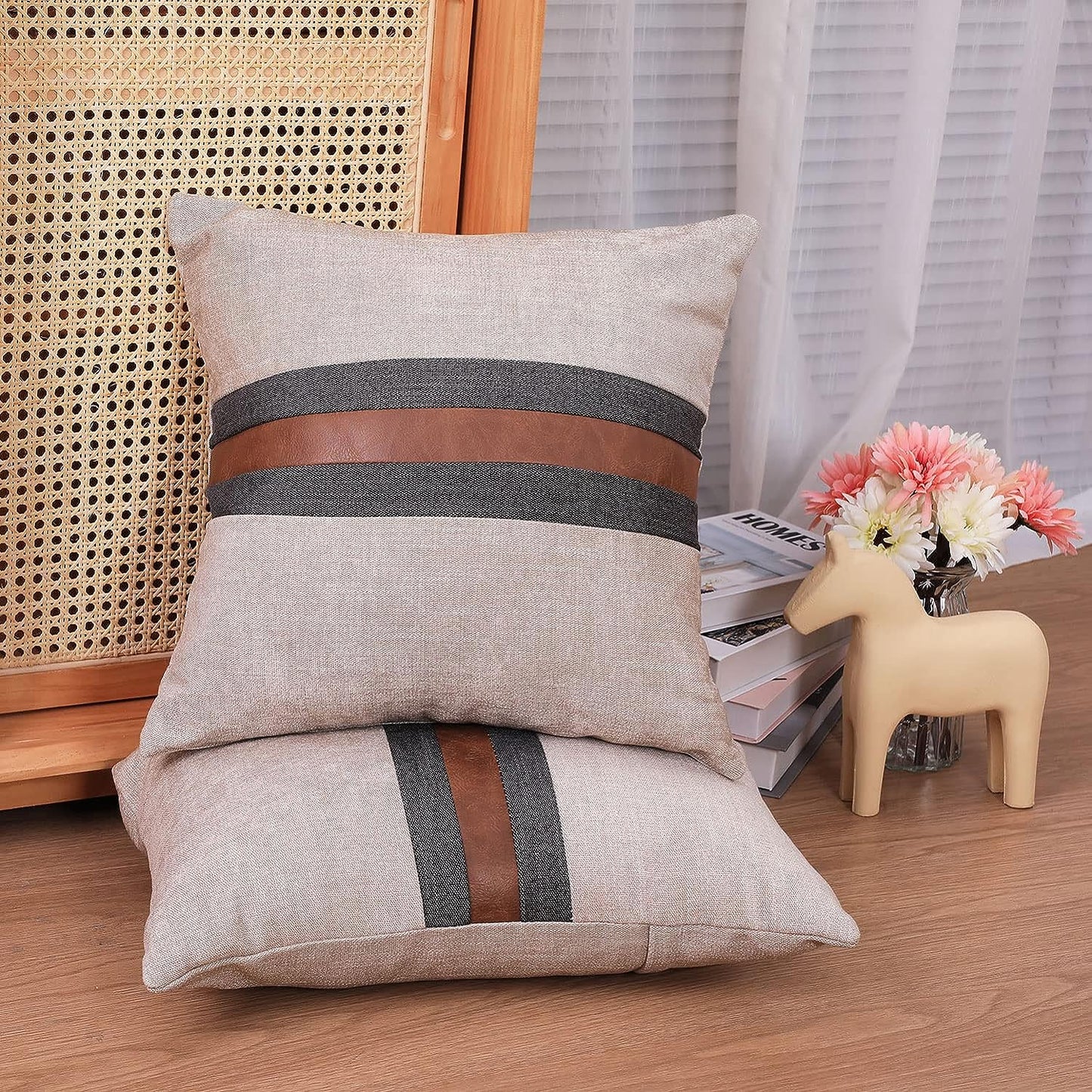 Farmhouse Decorative Outdoor Throw Pillow Covers for Couch Sofa Bed Brown Faux Leather Accent Pillow Cover Modern Decor Pillow Case 12 X 12 Inch (Yellow Beige)