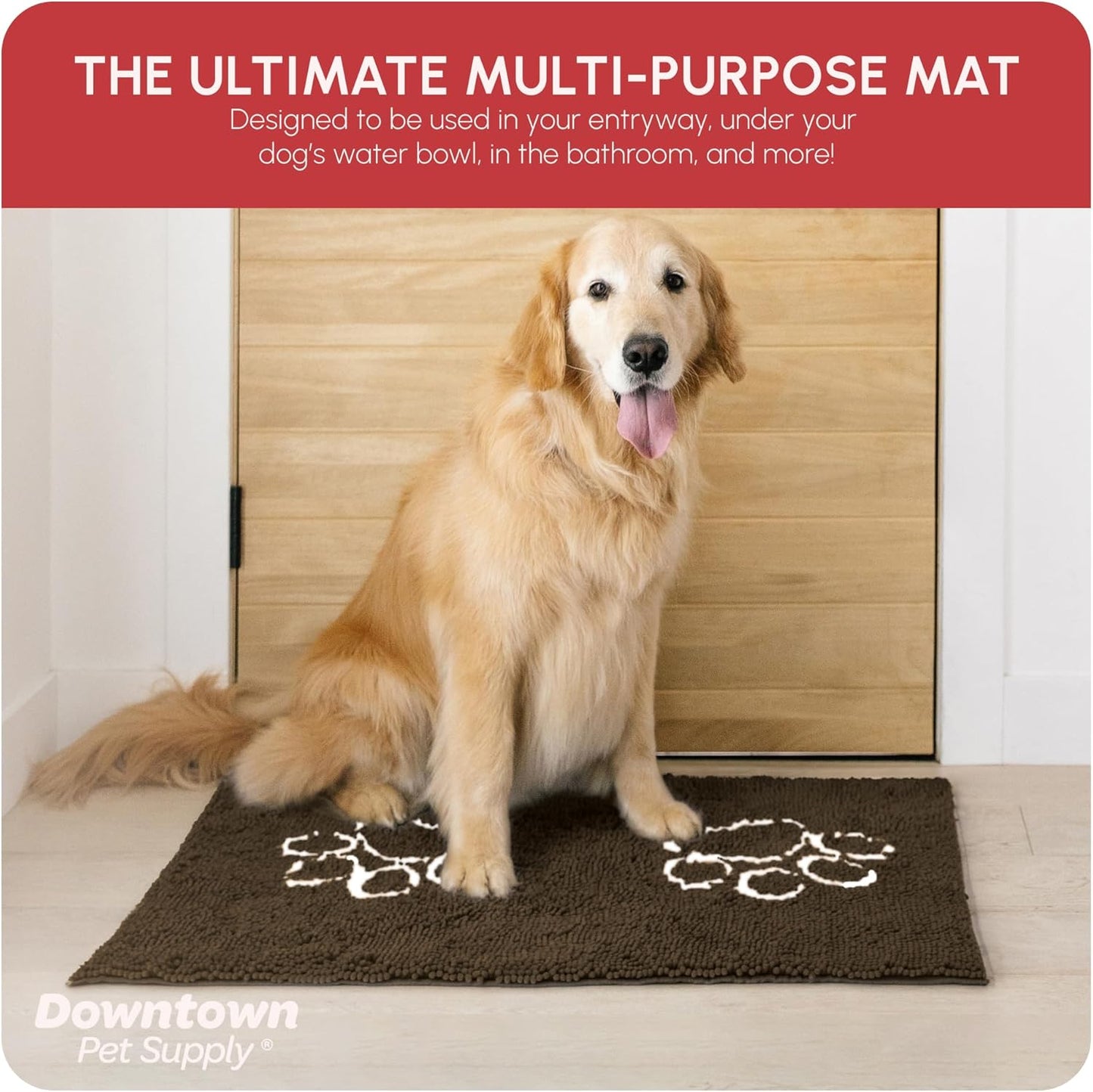 Microfiber Dog Mat for Muddy Paws, 36" X 26" Brown with Paw Print - Absorbent and Quick-Drying Dog Paw Cleaning Mat, Washer and Dryer Safe - Non-Slip Rubber Backed Pet Mat, Large