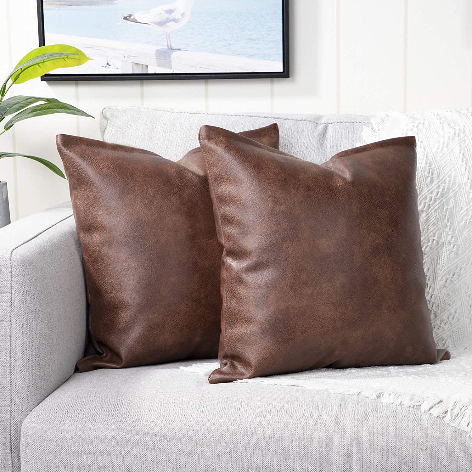 Set of 2 Faux Leather Decorative Throw Pillow Covers Modern Solid Outdoor Cushion Cases Luxury Pillowcases for Couch Sofa Bed 22X22 Inches Dark Brown