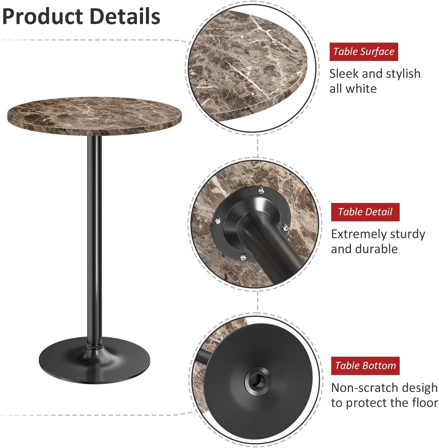 Bistro Pub Table round Bar Height Cocktail Table Metal Base MDF Top Obsidian Table with Black Leg 23.8-Inch Top, 39.5-Inch Height (Faux Marble)