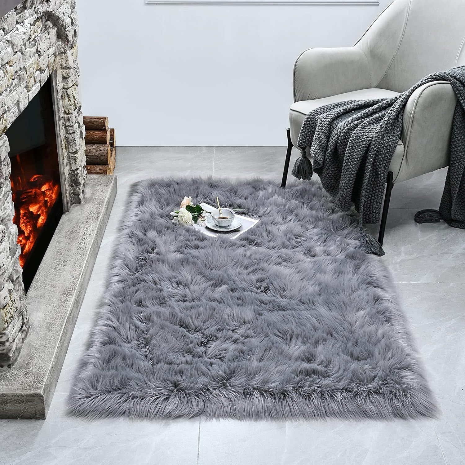 Soft Faux Fur Fluffy Area Rug, Luxury Fuzzy Sheepskin Carpet Rugs for Bedroom Living Room, Shaggy Silky Plush Carpet Bedside Rug Floor Mat, 2Ft X 4Ft, Gray