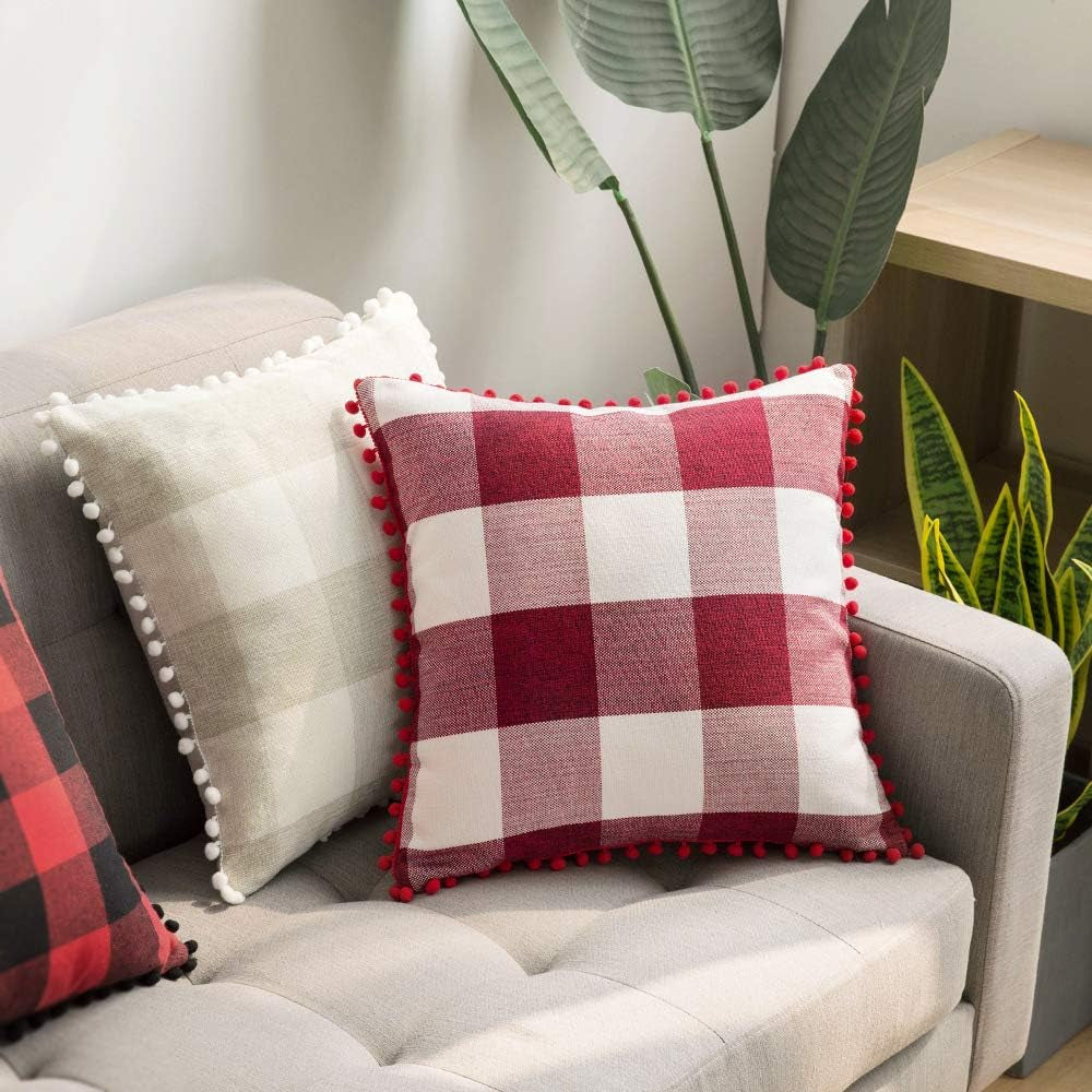 Set of 2 Throw Pillow Covers 16X16 Inch Buffalo Plaid Check Pillow Covers with Pom-Poms Decorative Couch Throw Pillows Farmhouse Cushion Cases for Sofa Cream and Beige