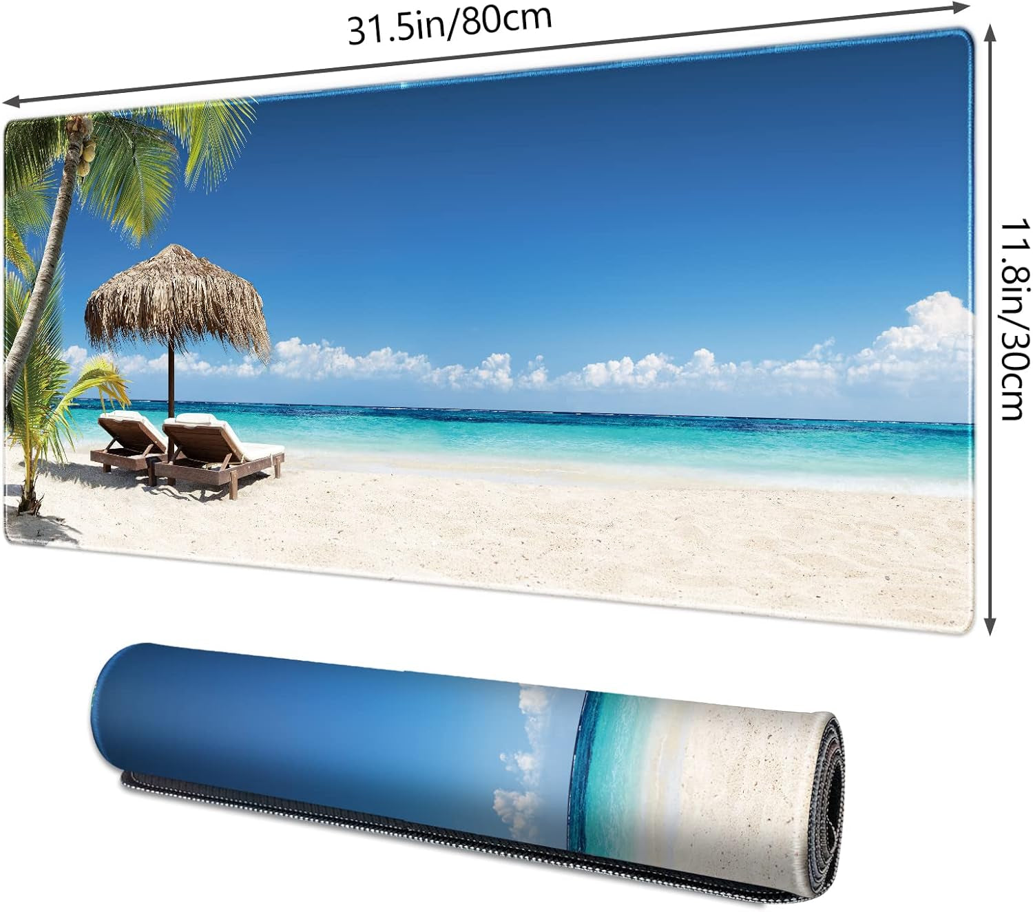 Gaming Mouse Pad Beach Pattern XXL XL Large Mouse Pad Mat Long Extended Mousepad Desk Pad Non-Slip Rubber Mice Pads Stitched Edges Thin Pad (31.5X11.8X0.12 Inch)- Tropical Palm Sea and Beach