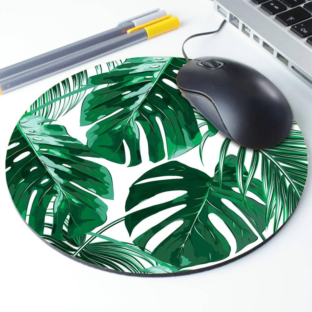 Tropical Leaf Mousepad - Mat - Beautiful Design - Leaves Green with White Background - round Mouse Pad