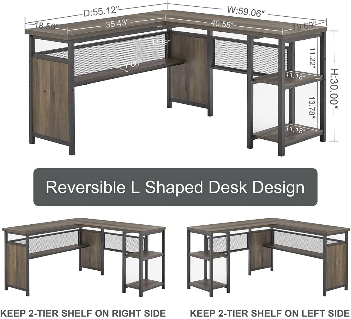 L Shaped Computer Desk, Industrial Home Office Desk with Shelves, Reversible Wood and Metal Corner Desk (Walnut Brown, 59 Inch)