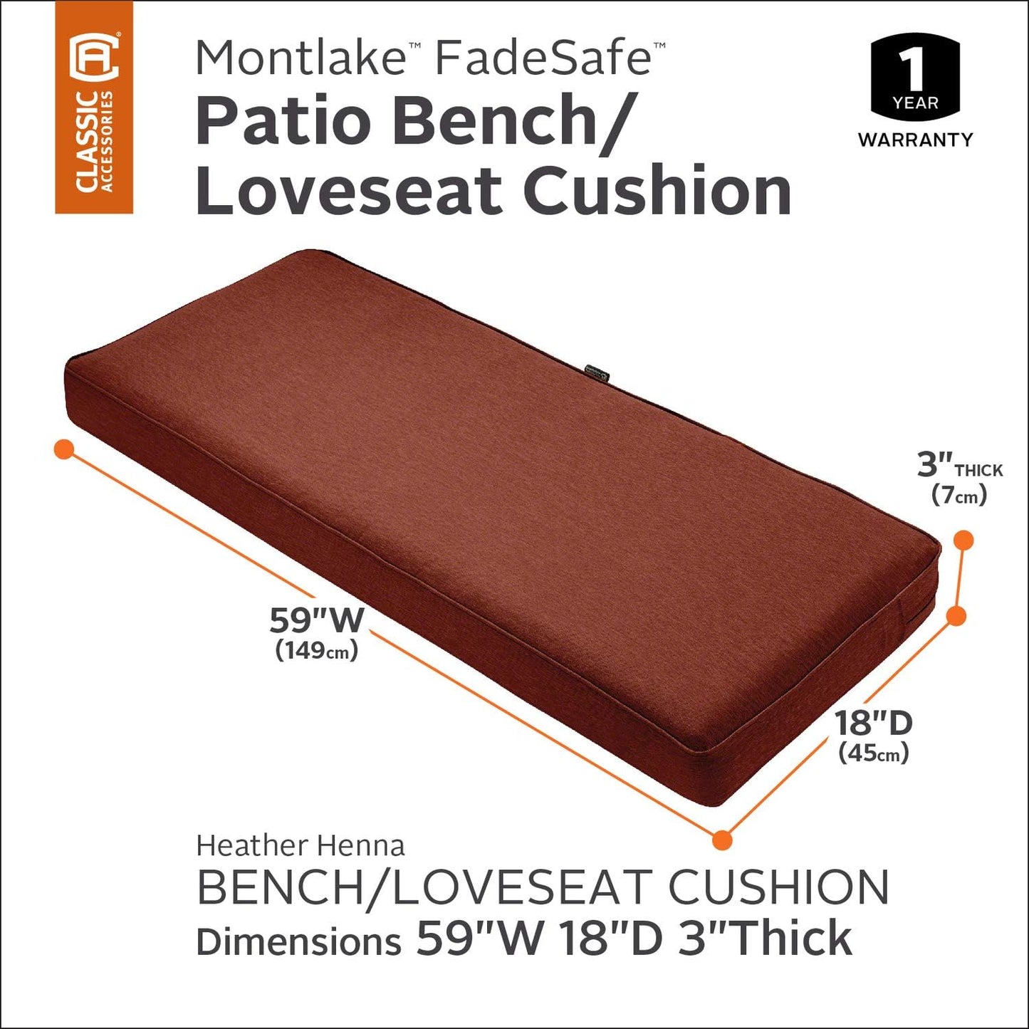 Montlake Water-Resistant 59 X 18 X 3 Inch Outdoor Bench/Settee Cushion, Patio Furniture Swing Cushion, Heather Henna Red, Patio Loveseat Cushion