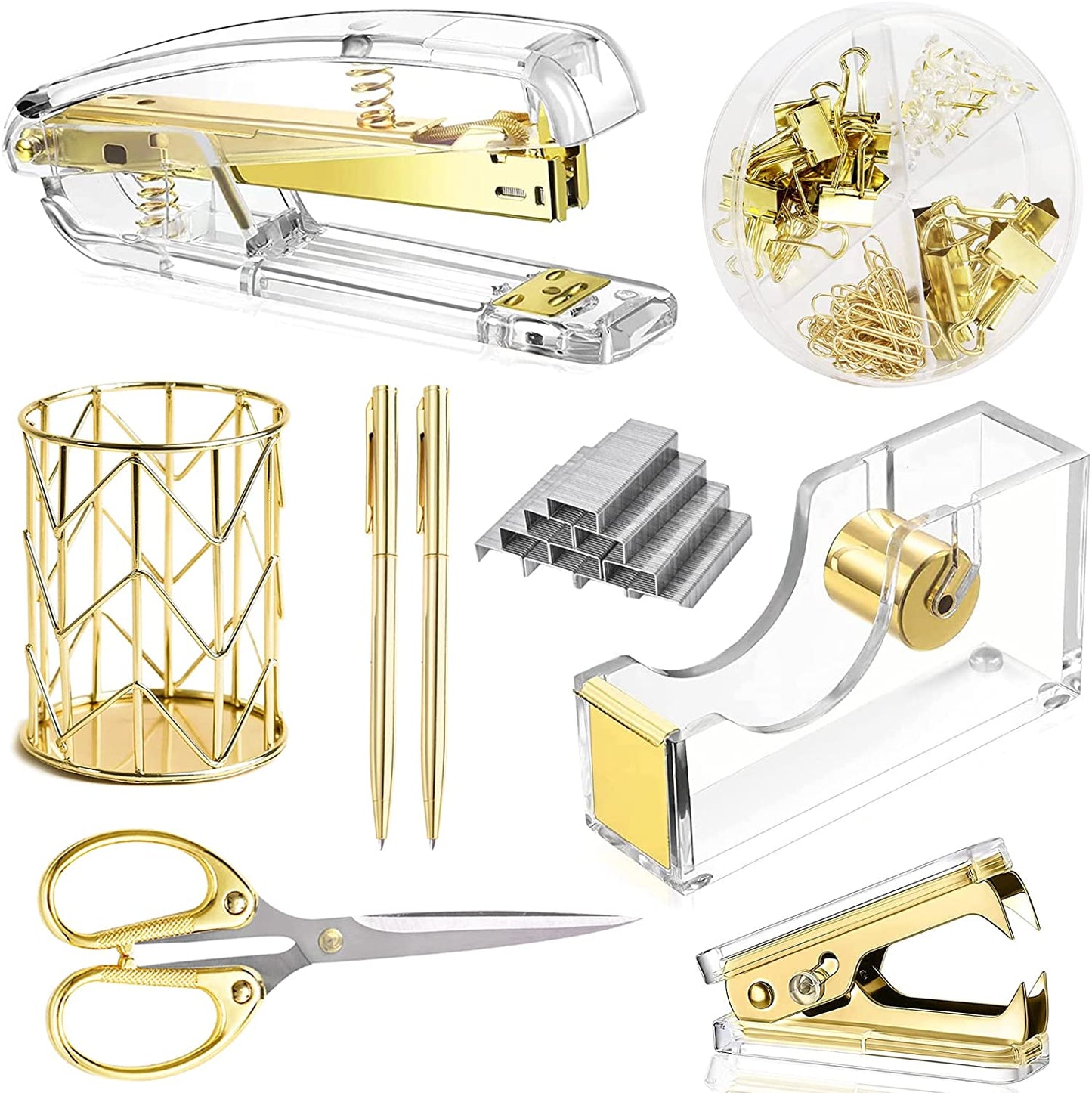 Gold Desk Accessories，Office Supplies Set Acrylic Stapler Set Staple Remover, Tape/Pen Holder, 2 Ballpoint Pen, Scissor, Binder/Paper Clips and 1000Pcs Staples.