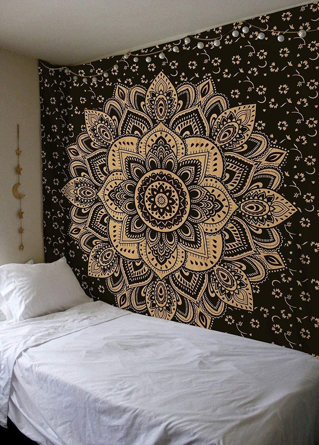 Mandala Tapestry Psychedelic Floral Medallion Hippie Small Tapestries Bohemian Wall Hanging Indian Traditional Design for Living Room Dorm Home Decor 54X60 Inches, Black