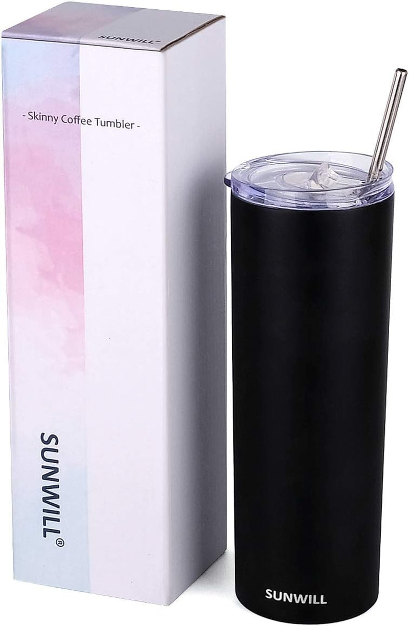 Straw Tumbler Skinny Travel Tumbler with Lid, Vacuum Insulated Double Wall Stainless Steel 20Oz for Coffee, Tea, Beverages, Black