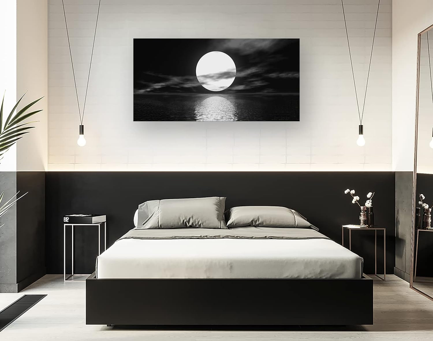 S06450 Wall Art Canvas Sea White Full Moon in Night Picture Canvas Poster Print Black and White Ocean for Living Room Bedroom Kitchen Home Decorations Framed Artwork