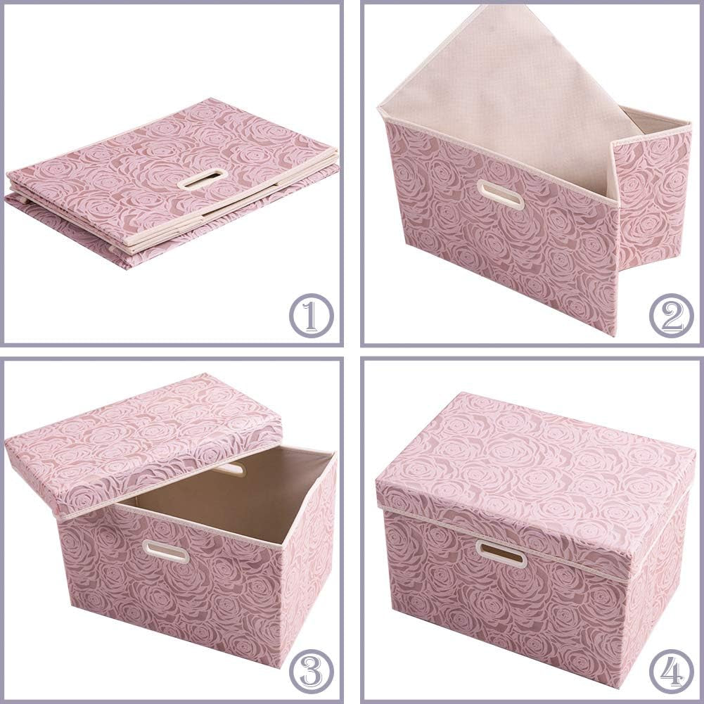 Larger Collapsible Storage Bin with Lid [1-Pack] Fabric Decorative Storage Box Cube Organizer Container Baskes with Handles Divider for Bedroom Closet Living Room Pink 17.7X11.8X11.8 Inch