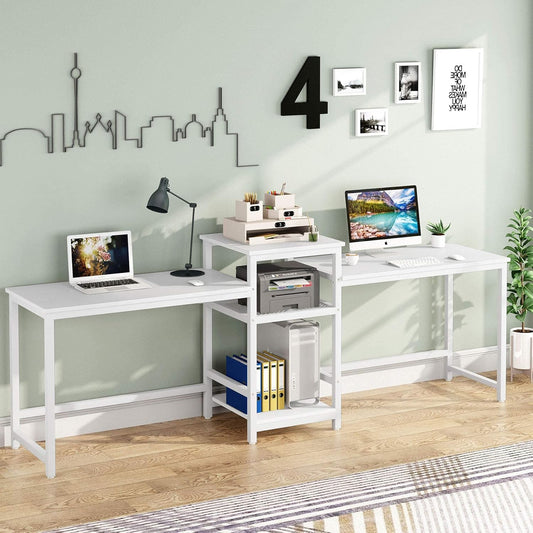 96.9" Double Computer Desk with Printer Shelf, Extra Long Two Person Desk Workstation with Storage Shelves, Large Office Desk Study Writing Table for Home Office, White