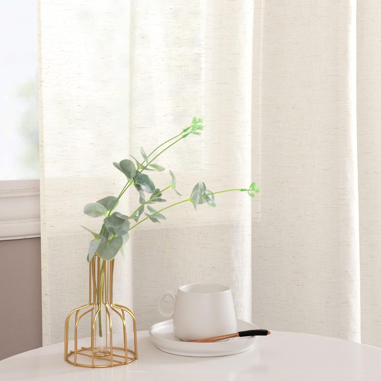 Linen Textured Curtains 84 Inches Long for Living Room Kitchen Farmhouse Country Rustic Voile Sheer Curtains Grommet Top Drapes Light Filtering Window Drapes Set 2 Panels White