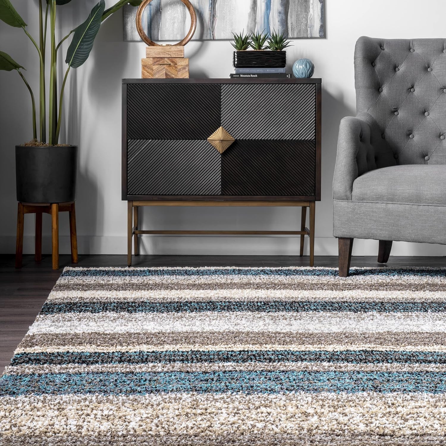 Drey Striped Shag Area Rug - 12X15 Shag Area Rug Casual Blue Multi/Brown Rugs for Living Room Bedroom Dining Room Nursery