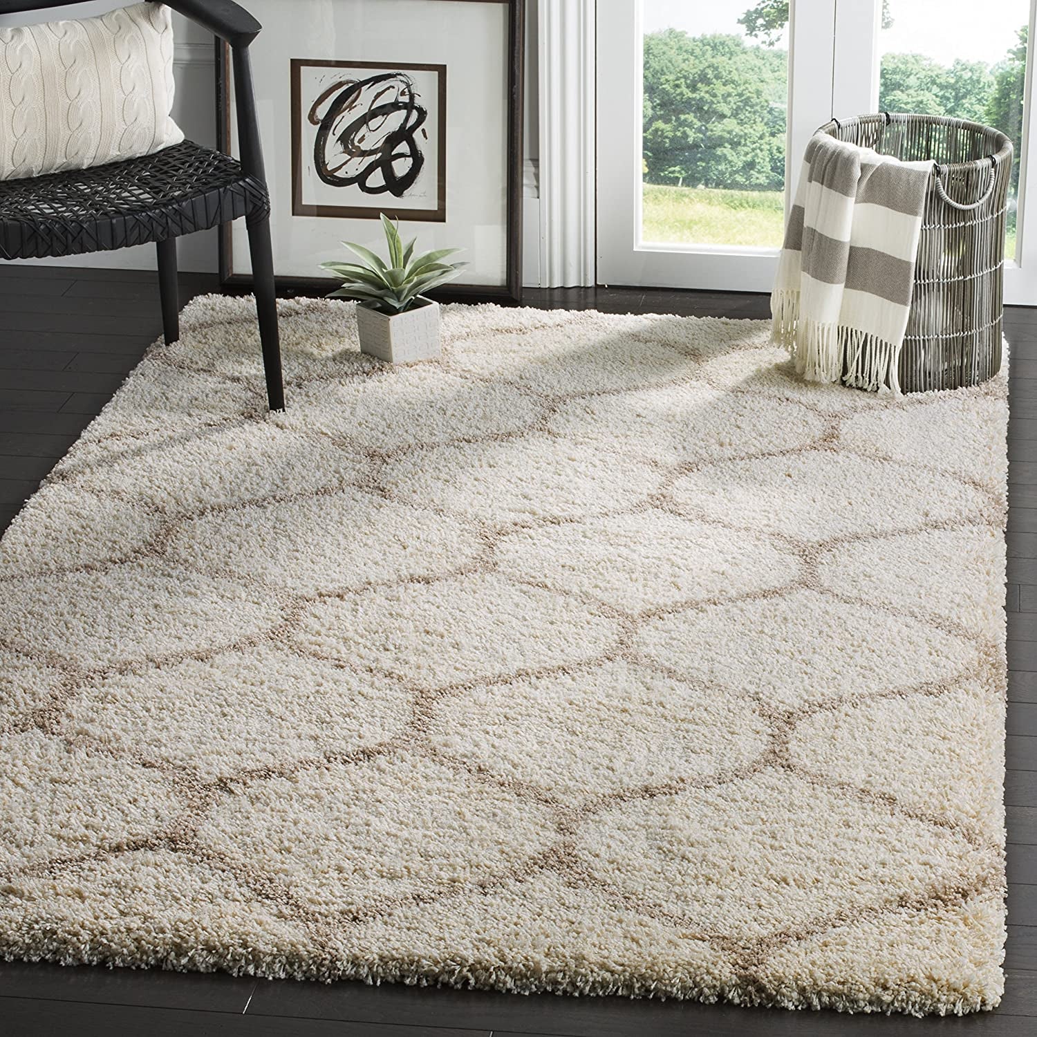 Hudson Shag Collection Area Rug - 8' X 10', Ivory & Beige, Moroccan Ogee Trellis Design, Non-Shedding & Easy Care, 2-Inch Thick Ideal for High Traffic Areas in Living Room, Bedroom (SGH280D)