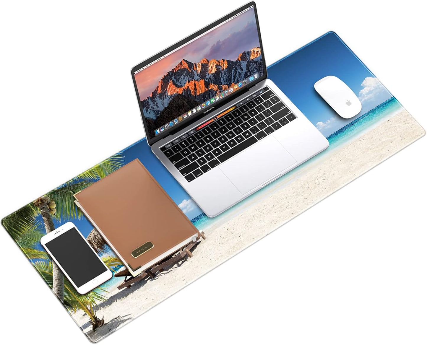 Gaming Mouse Pad Beach Pattern XXL XL Large Mouse Pad Mat Long Extended Mousepad Desk Pad Non-Slip Rubber Mice Pads Stitched Edges Thin Pad (31.5X11.8X0.12 Inch)- Tropical Palm Sea and Beach