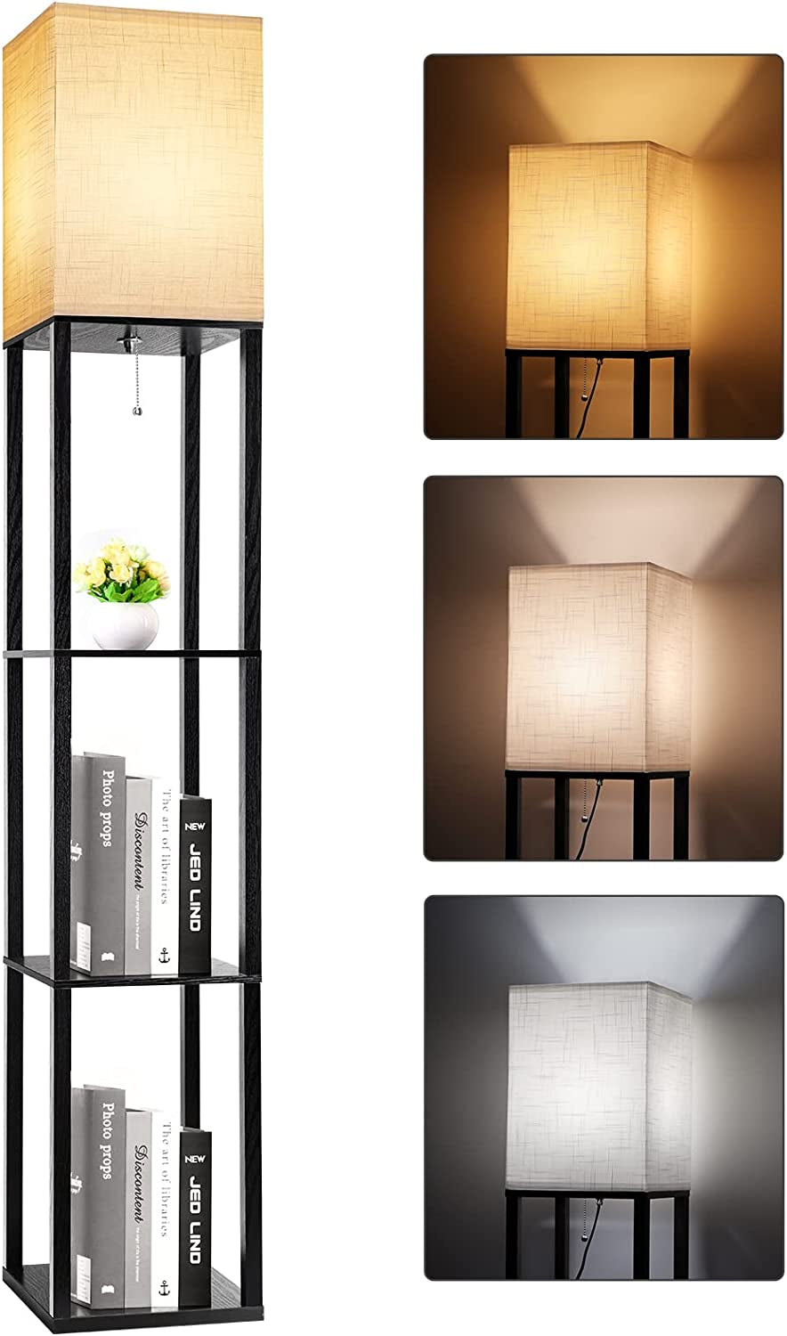 3-Shelf Floor Lamp with LED Bulbs - Modern Standing Display Shelf Lamp for Living Room, Bedroom and Office (Black)