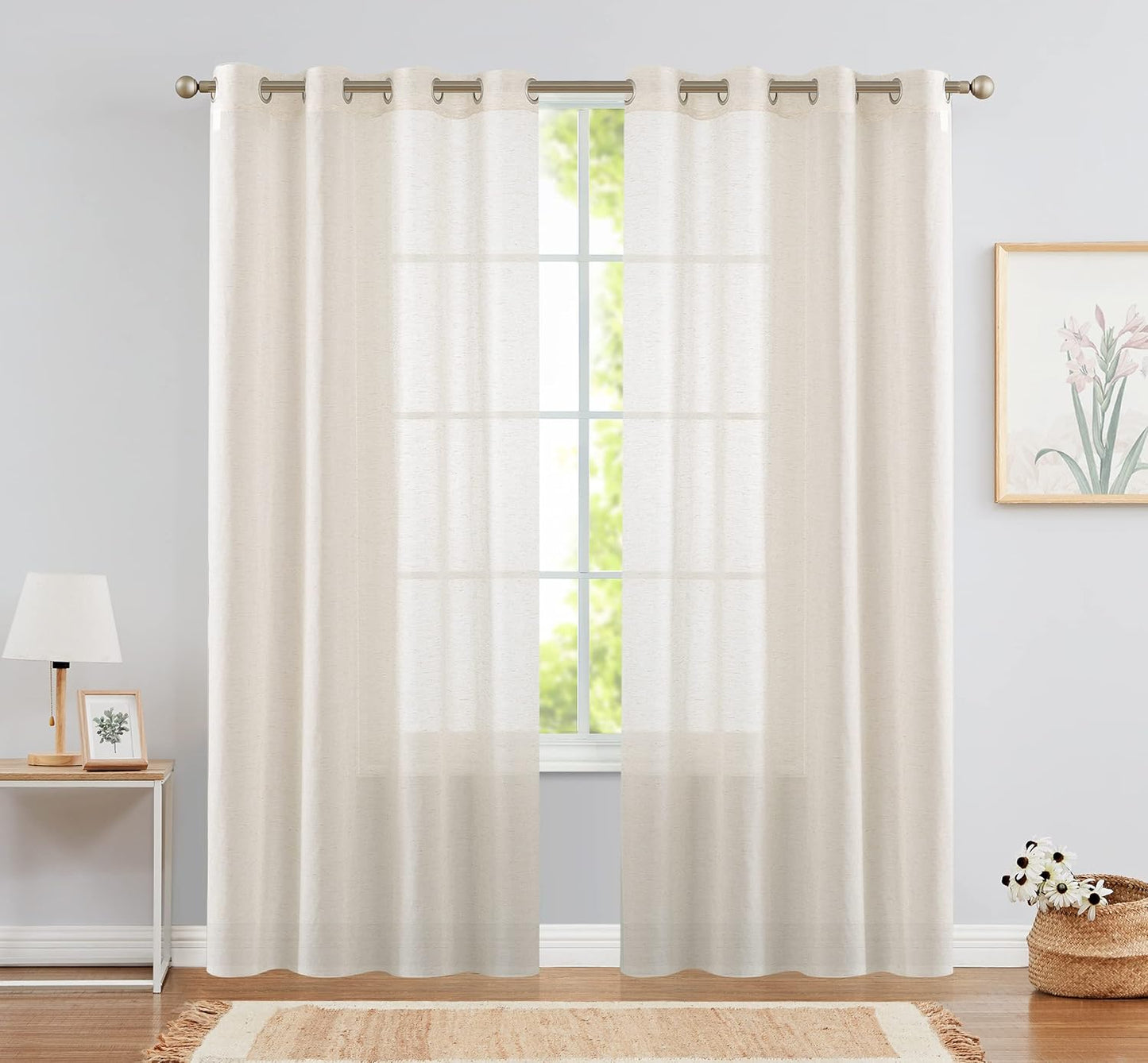 Linen Textured Curtains 84 Inches Long for Living Room Kitchen Farmhouse Country Rustic Voile Sheer Curtains Grommet Top Drapes Light Filtering Window Drapes Set 2 Panels White