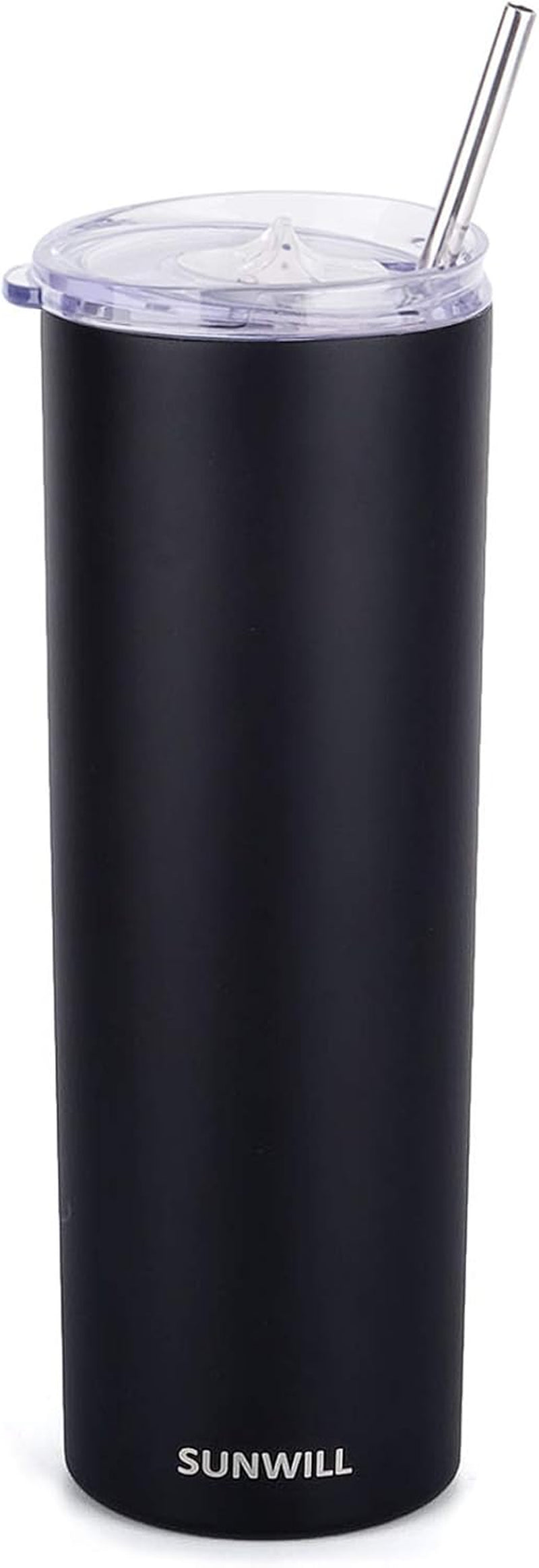 Straw Tumbler Skinny Travel Tumbler with Lid, Vacuum Insulated Double Wall Stainless Steel 20Oz for Coffee, Tea, Beverages, Black