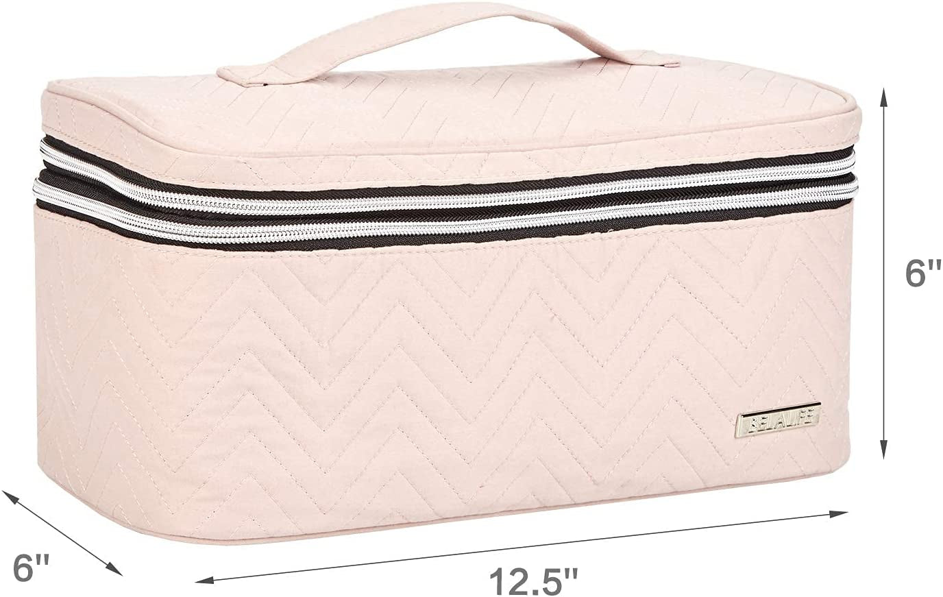 Double Layer Makeup Bag for Travel, Large Makeup Organizer Case for Full Size Cosmetics, Portable Cosmetic Bag for Brushes Sets, Small Makeup Items, Pink