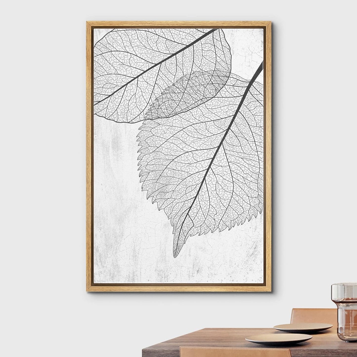 Framed Canvas Print Wall Art Black White Grunge Forest Leaf Silhouette Nature Wilderness Digital Art Modern Art Rustic Relax/Calm Multicolor for Living Room, Bedroom, Office - 16"X24" Natural