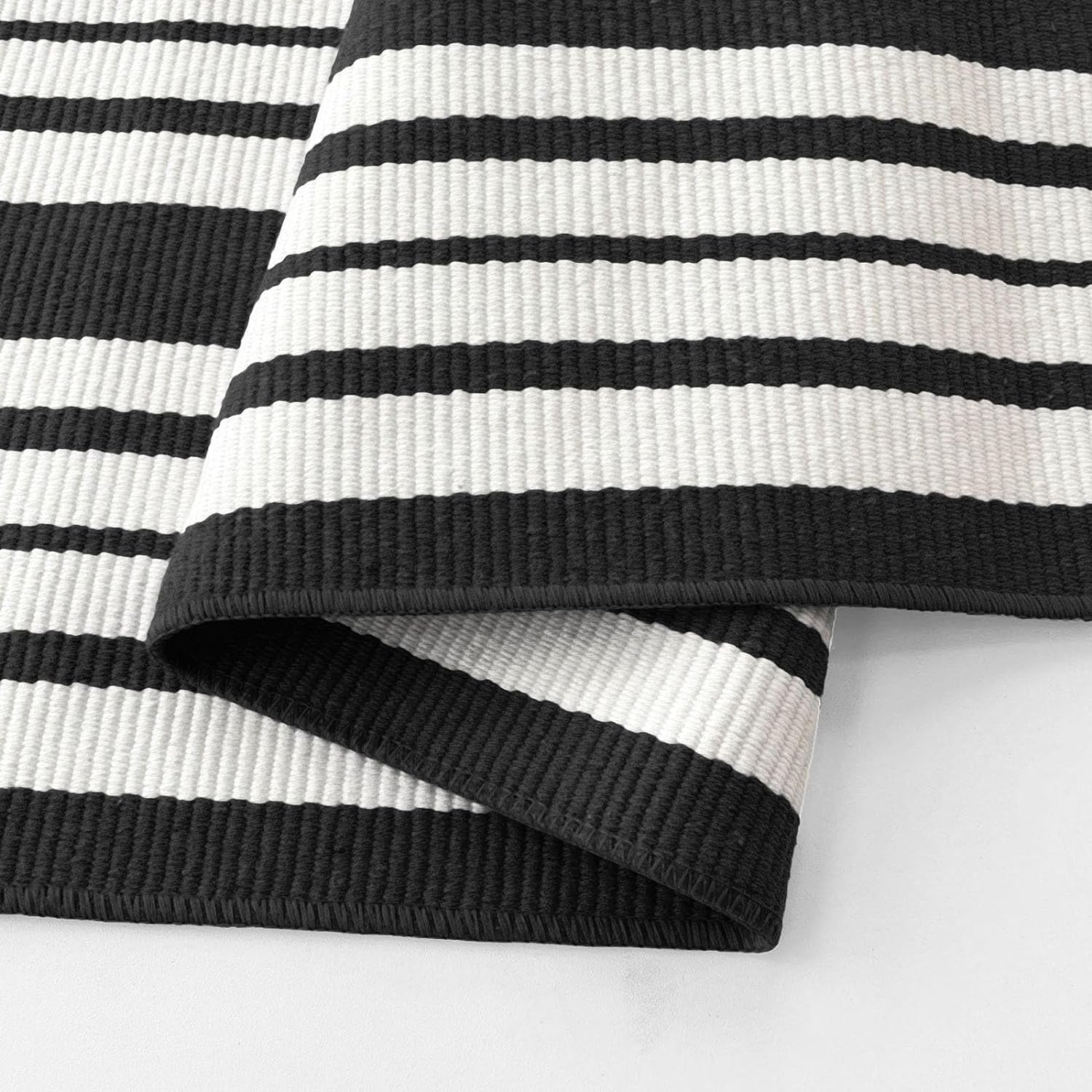 Black and White Striped Rug Outdoor 5'X7', Cotton Hand-Woven Riviera Striped Door Mat, Reversible Foldable Washable Outdoor Rug Stripe for Layered Door Mats Porch/Front Door (60X83In)