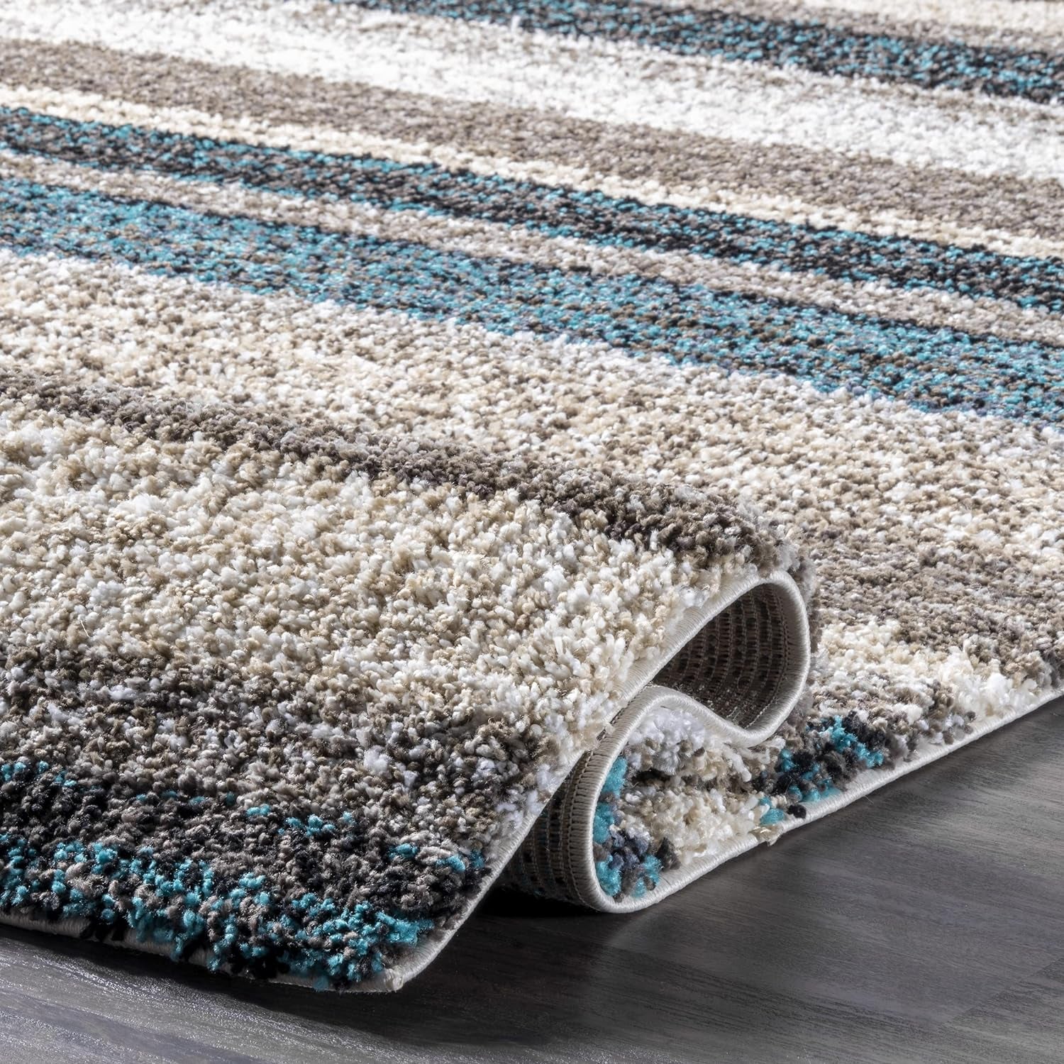 Drey Striped Shag Area Rug - 12X15 Shag Area Rug Casual Blue Multi/Brown Rugs for Living Room Bedroom Dining Room Nursery