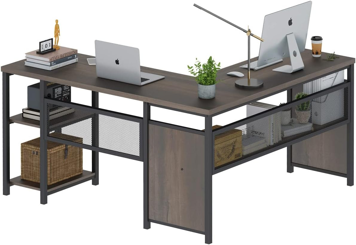 L Shaped Computer Desk, Industrial Home Office Desk with Shelves, Reversible Wood and Metal Corner Desk (Walnut Brown, 59 Inch)