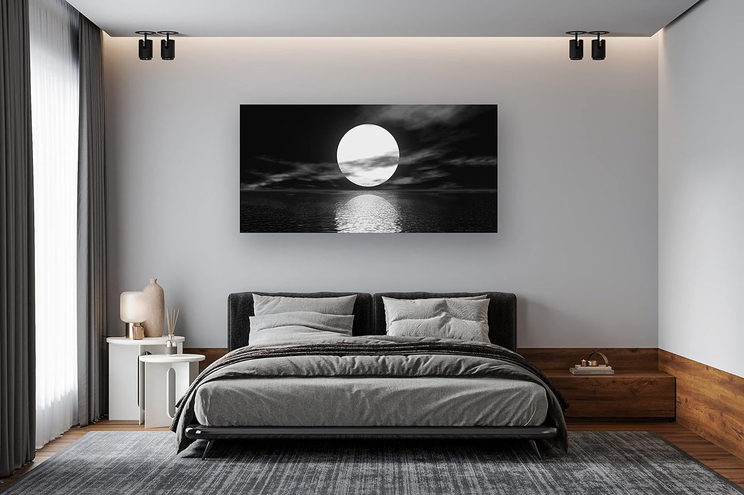 S06450 Wall Art Canvas Sea White Full Moon in Night Picture Canvas Poster Print Black and White Ocean for Living Room Bedroom Kitchen Home Decorations Framed Artwork