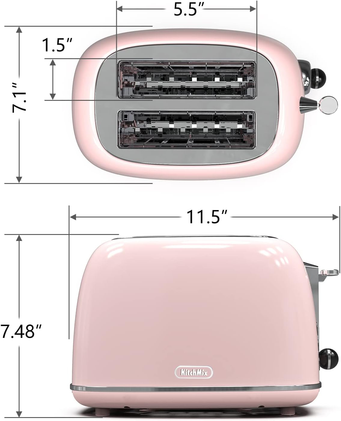 Toaster 2 Slice,Retro Stainless Steel Toaster with 6 Settings, 1.5 in Extra Wide Slots, Bagel/Defrost/Cancel Function, Removable Crumb Tray (Baby Pink)