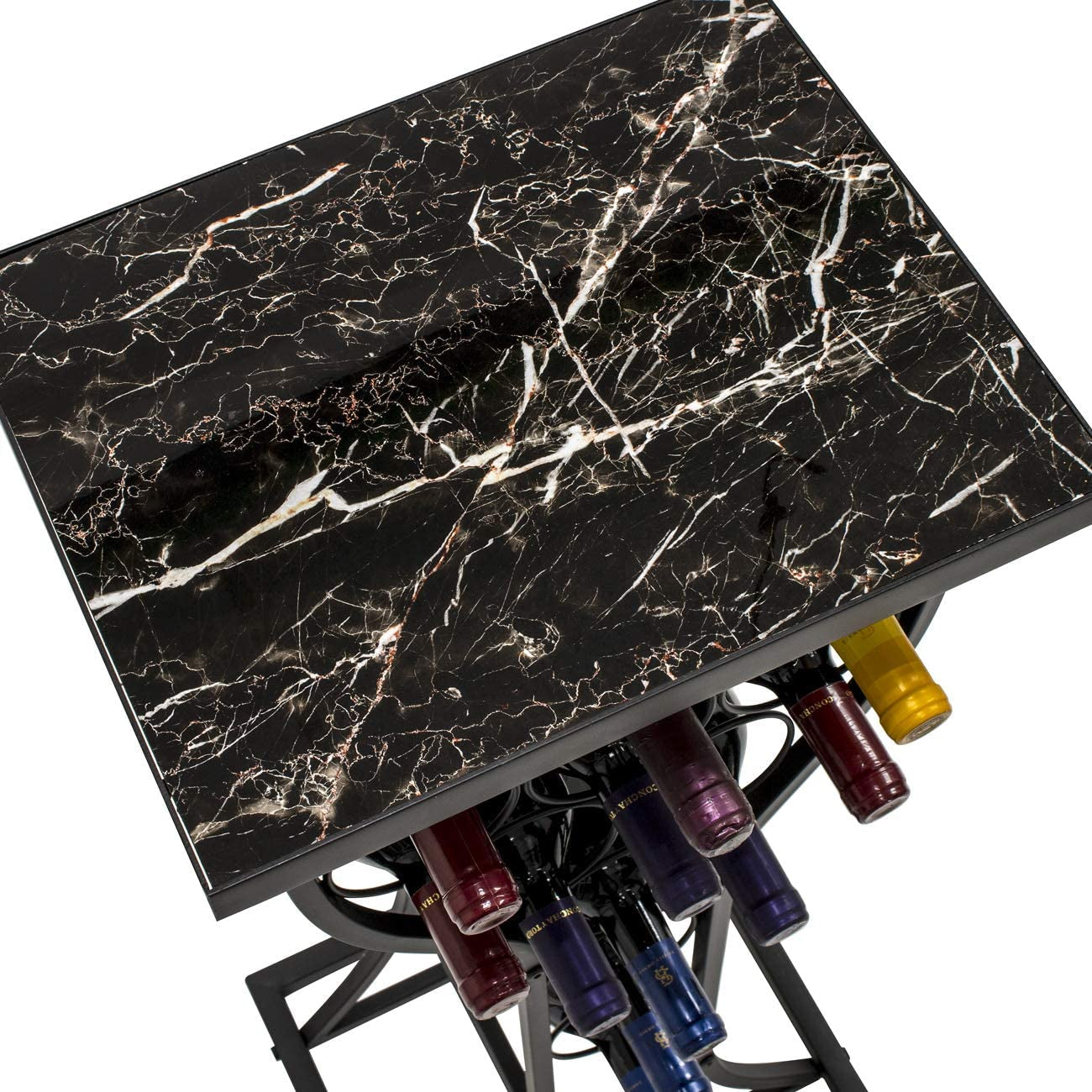 Wine Rack Console for Home Bar - Mini Wine Stand with Faux Black Marble Table Top - Durable Metal Freestanding Wine Storage Cabinet Shelf - Wine Racks Free Standing Floor Holds 11 Wine Bottles