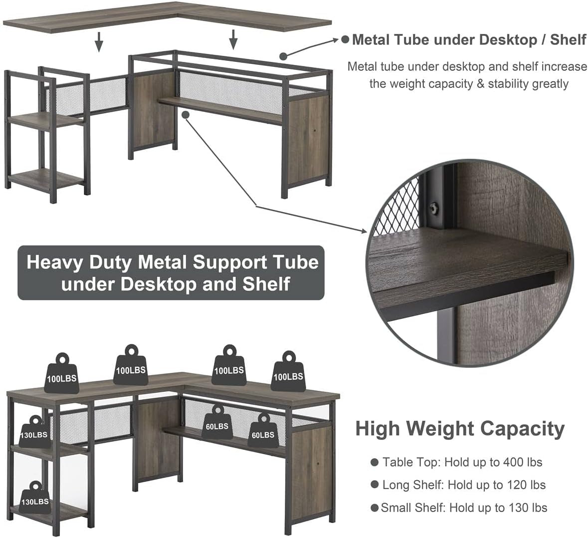 L Shaped Computer Desk, Industrial Home Office Desk with Shelves, Reversible Wood and Metal Corner Desk (Walnut Brown, 59 Inch)