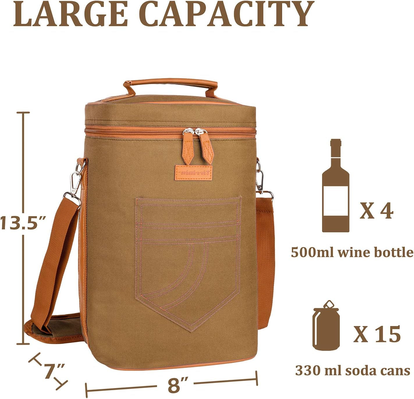 4 Bottle Wine Gift Carrier - Insulated & Padded Portable Versatile Wine Carrying Cooler Tote Bag for Travel, BYOB Restaurant, Wine Tasting, Party, Great Gift for Wine Lover, Khaki