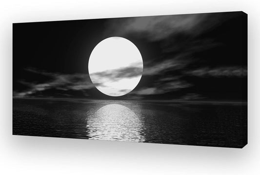 S06450 Wall Art Canvas Sea White Full Moon in Night Picture Canvas Poster Print Black and White Ocean for Living Room Bedroom Kitchen Home Decorations Framed Artwork