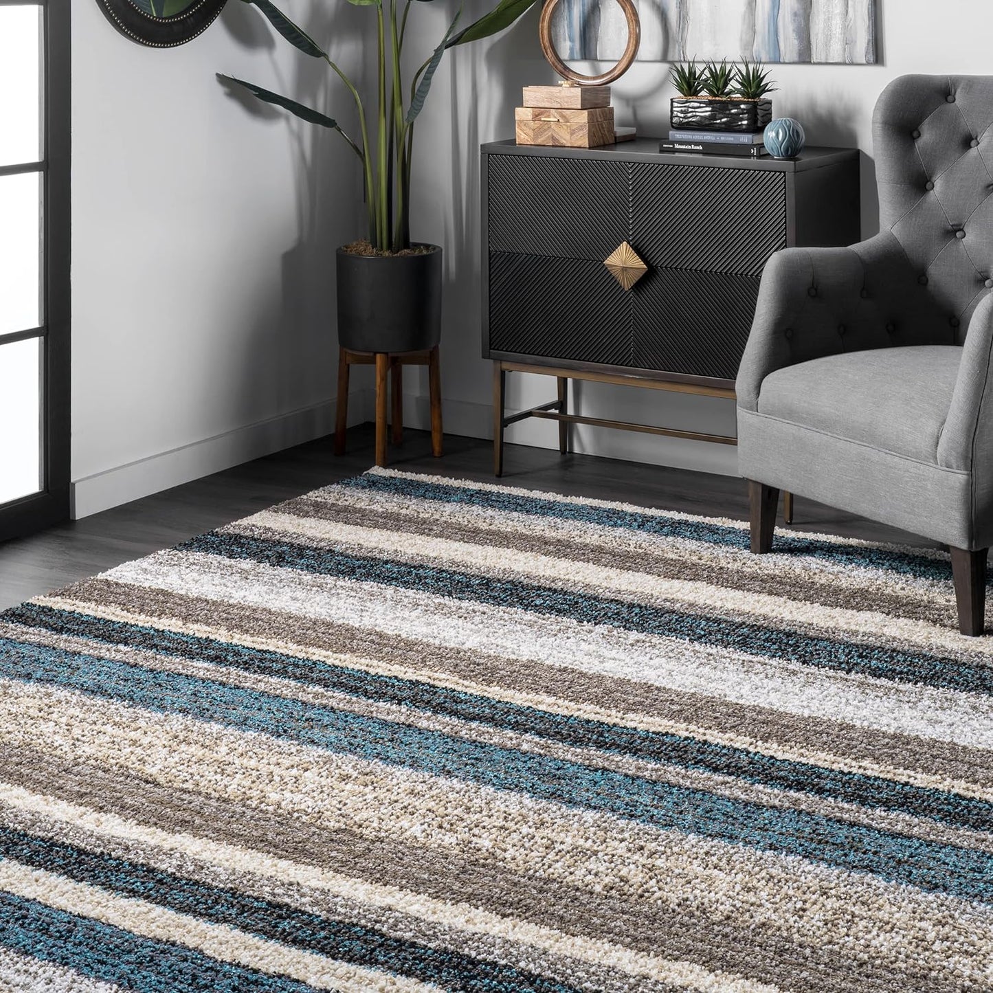 Drey Striped Shag Area Rug - 12X15 Shag Area Rug Casual Blue Multi/Brown Rugs for Living Room Bedroom Dining Room Nursery