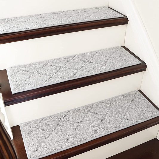 Edging Stair Treads Non-Slip Carpet Mat 28Inx9In Indoor Stair Runners for Wooden Steps, Edging Stair Rugs for Kids and Dogs, 100% Polyester TPE Backing (4Pc, Grey)