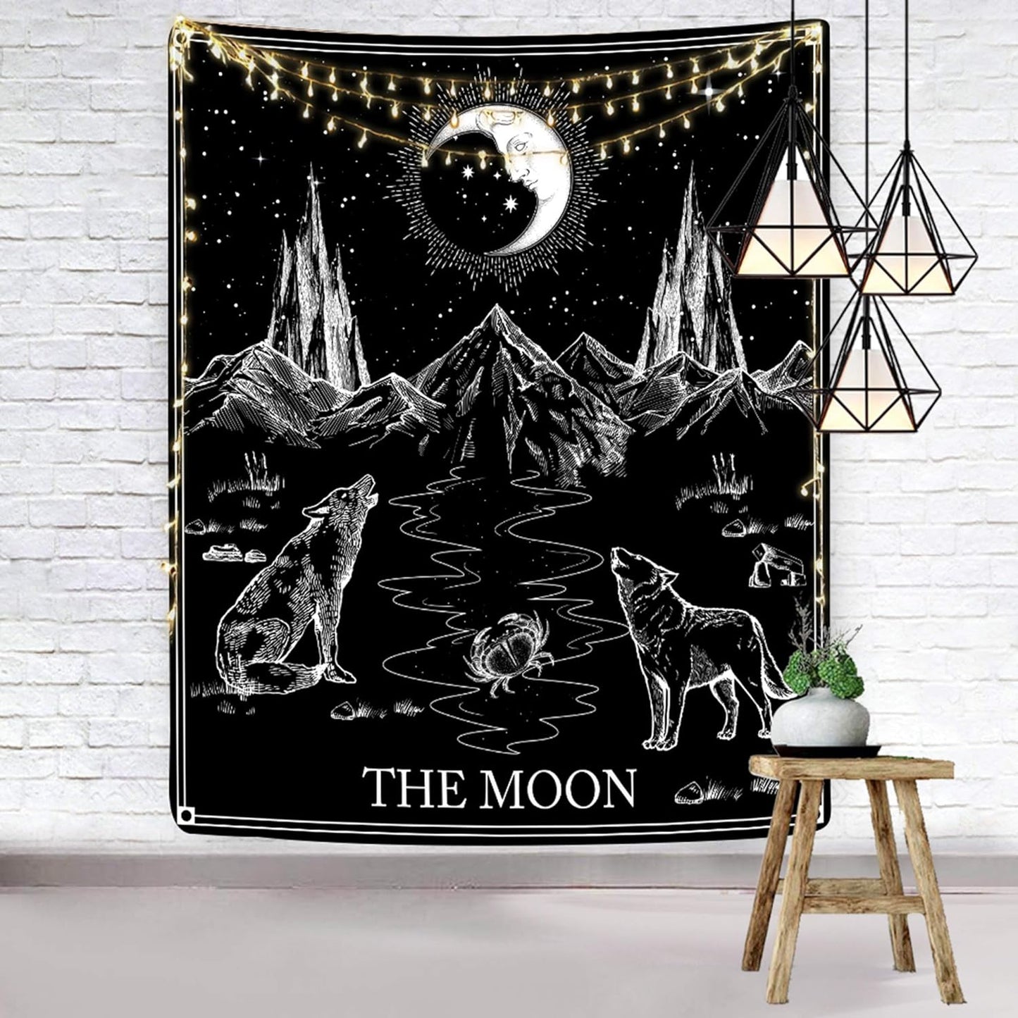 Aesthetic Tarot Card Tapestry Wall Hanging Black and White Tapestry Gothic Wolf and Moon Wall Tapestry for Dorm Room Decorations, 59" X 83"