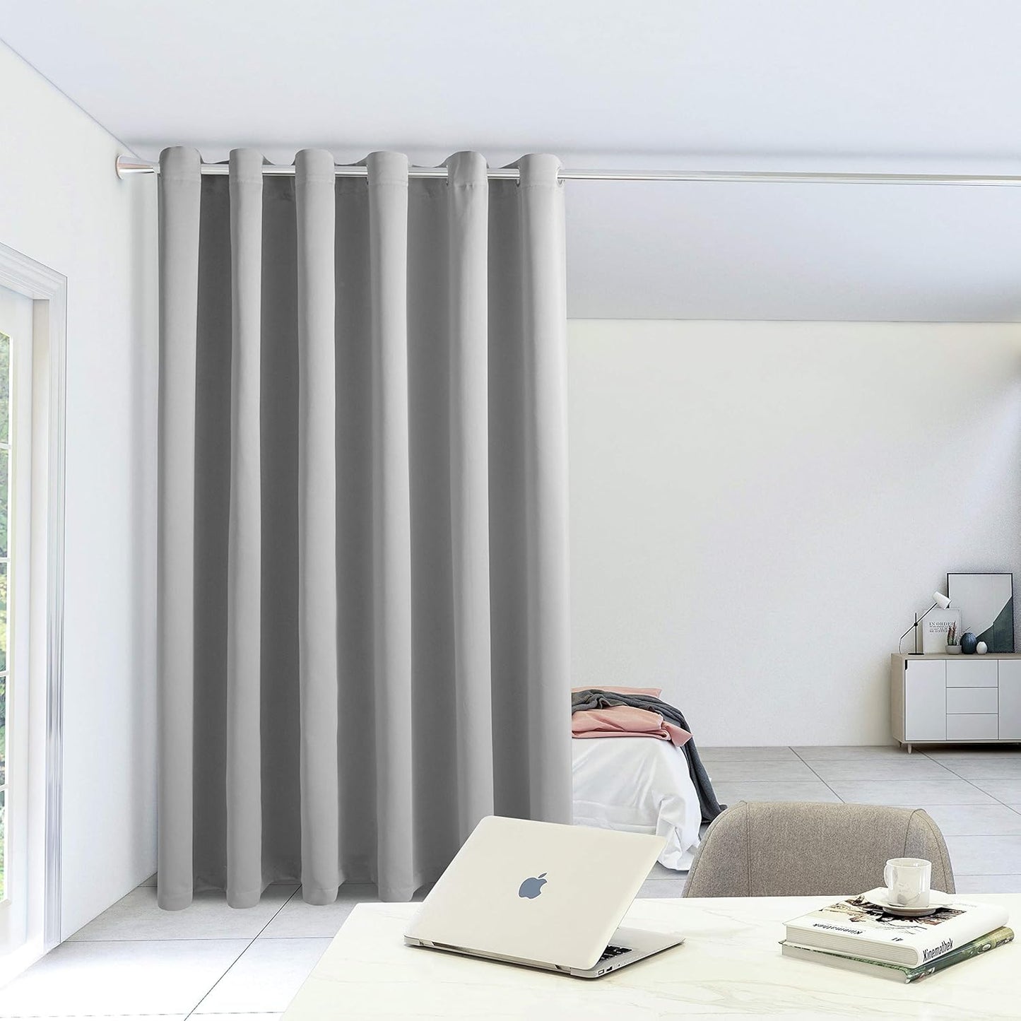 Silver Room Divider Curtains - Total Privacy Wall Room Divider Screens Sound Proof Wide Blackout Curtain for Living Room Bedroom Patio Sliding Door, 1 Panel, 8.3Ft Wide X 7Ft Tall