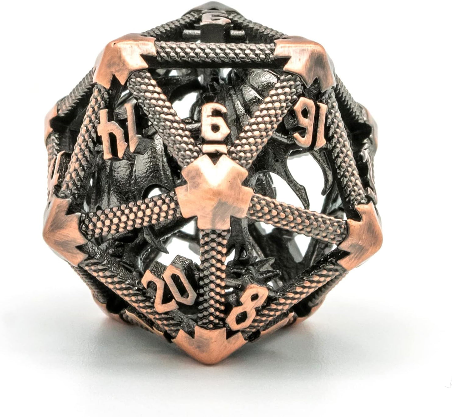 22Mm D20 Metal Dice, Single D20 DND Dice, Hollow Dragon Design Polyhedral Dice D&D for Dungeons and Dragons, Role Playing Game MTG Pathfinder(Ancient Copper)