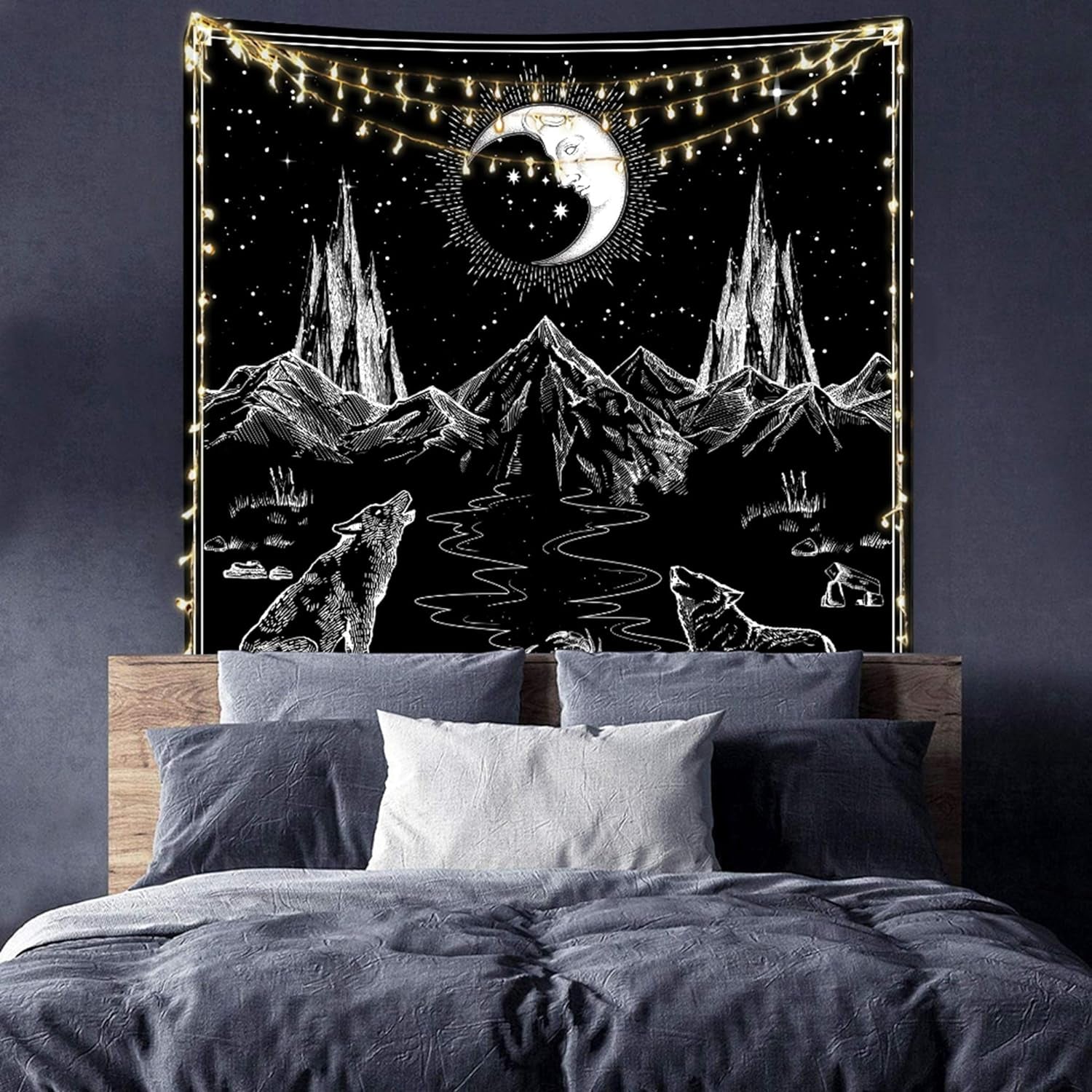 Aesthetic Tarot Card Tapestry Wall Hanging Black and White Tapestry Gothic Wolf and Moon Wall Tapestry for Dorm Room Decorations, 59" X 83"