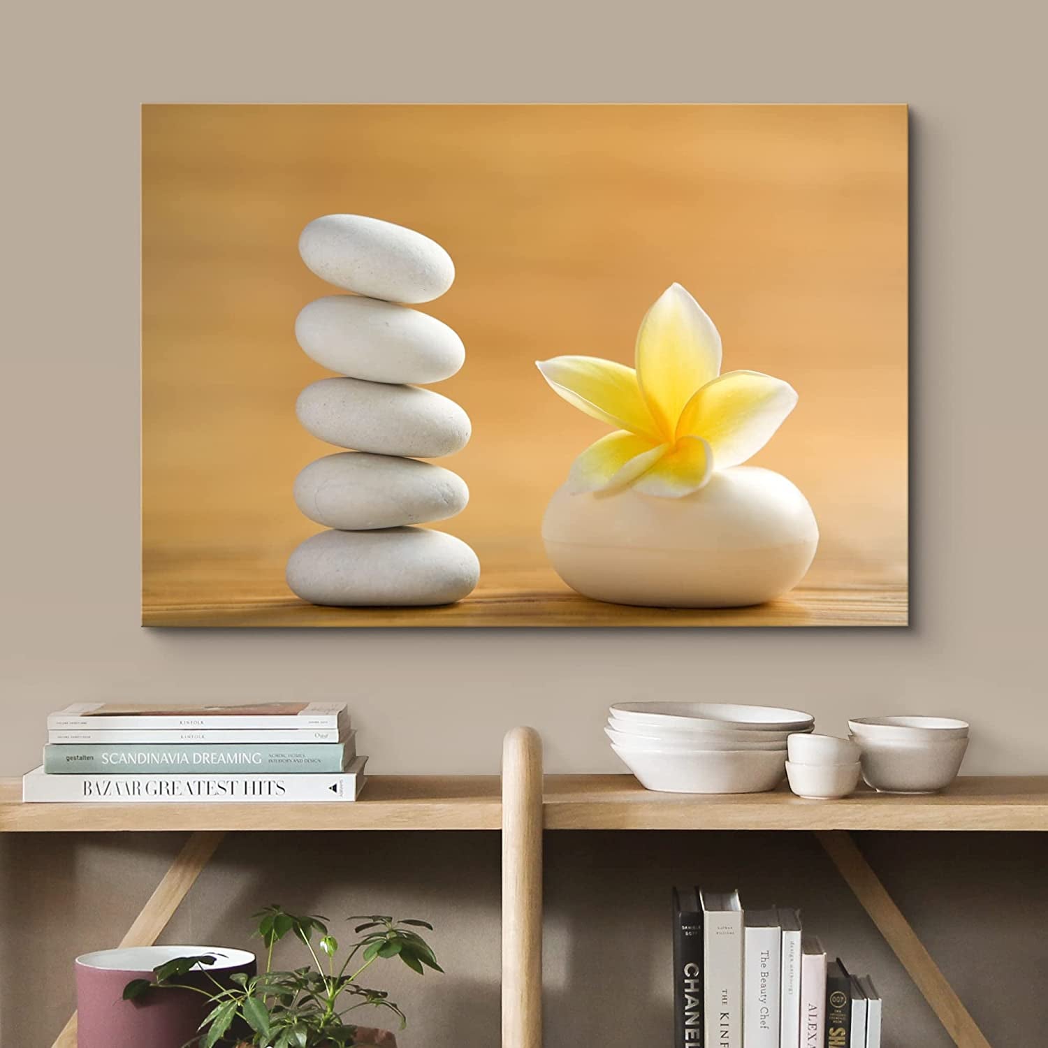 - Canvas Prints Wall Art - Zen Stones with Blooming White Plumeria | Modern Wall Decor/Home Decoration Stretched Gallery Canvas Wrap Giclee Print. Ready to Hang - 16" X 24"