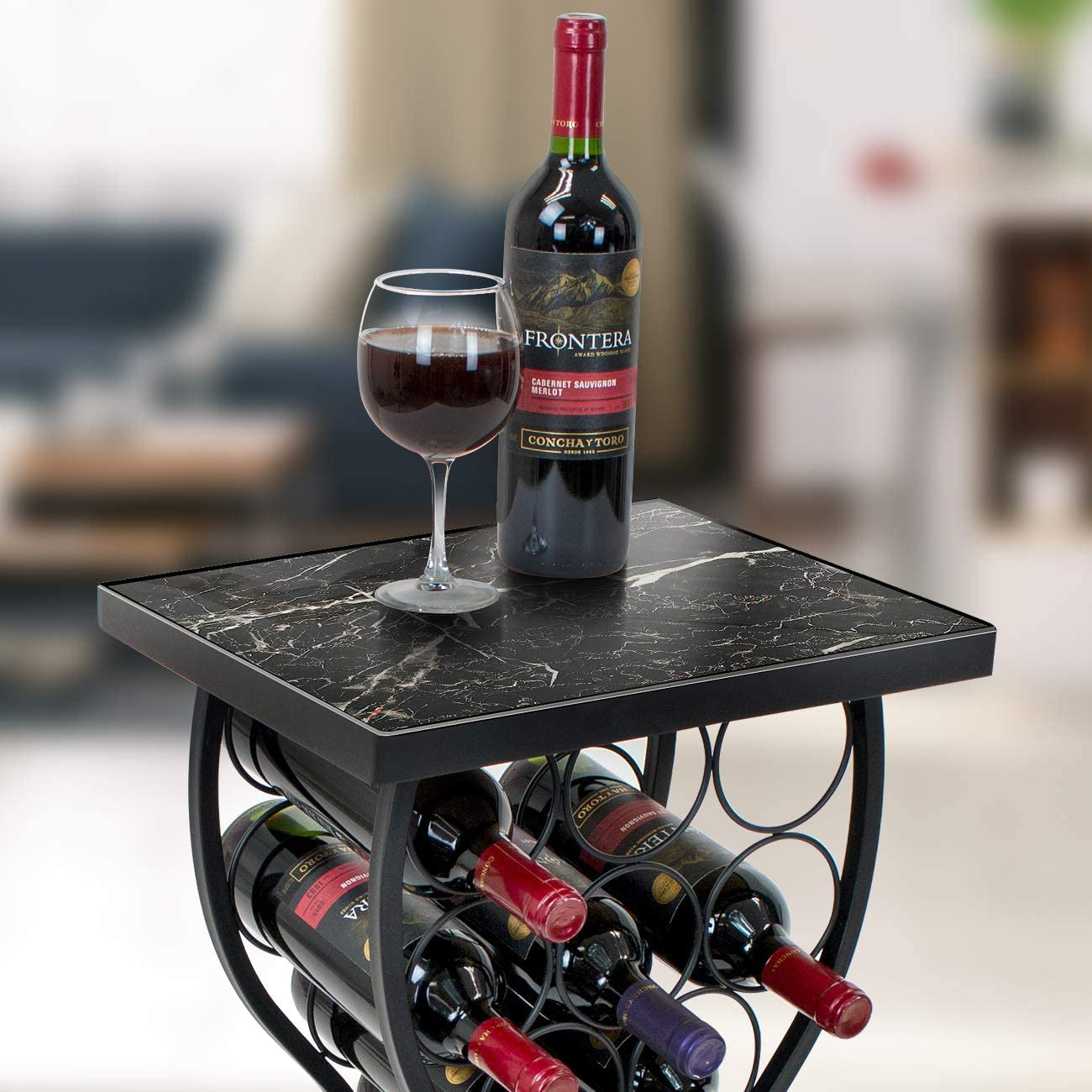 Wine Rack Console for Home Bar - Mini Wine Stand with Faux Black Marble Table Top - Durable Metal Freestanding Wine Storage Cabinet Shelf - Wine Racks Free Standing Floor Holds 11 Wine Bottles