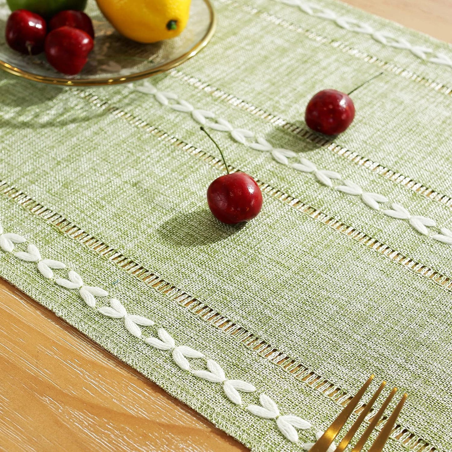 Rustic Farmhouse Style Linen Table Runner, Boho Handmade Tassel Embroidered Table Runners 108 Inches Long for Holiday Party, Christmas and Dining Decorations, 13 X 108 Inch - Sage Green