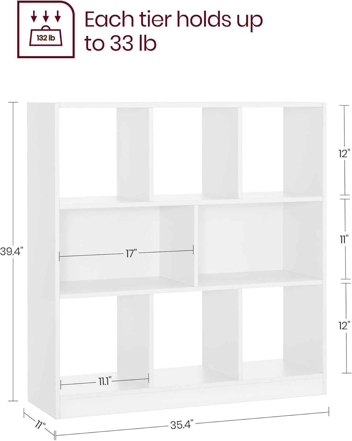 Bookcase, Bookshelf, Freestanding Storage Unit, 8 Open Compartments, Used Horizontally, Vertically, Upside Down, 11 X 35.4 X 39.4 Inches, for Living Room, Study, Office, White ULBC55WT