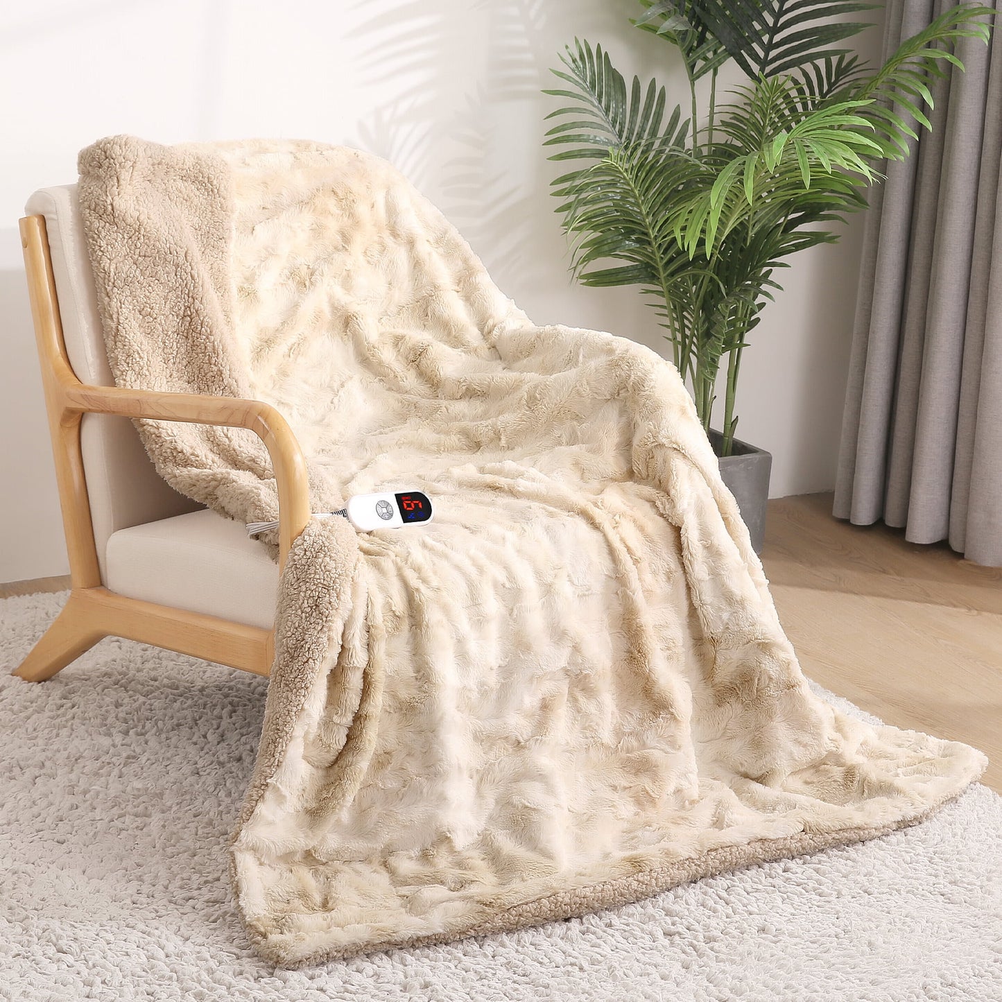 Electric Throw Blanket 50" X 60", Soft Faux Fur Heated Blanket with Large LED Display, 6 Heating Levels, 4 Hours Timer, Machine Washable - Tie-Dye off White