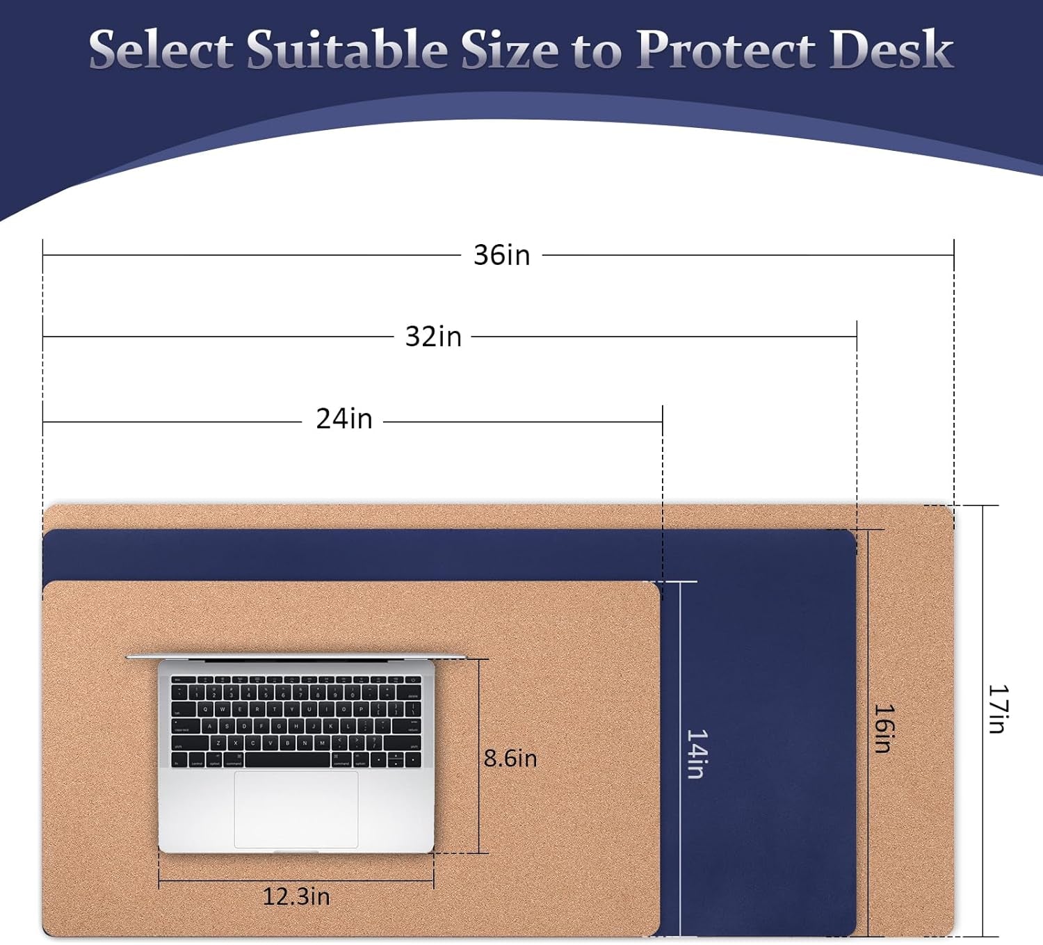 Leather Desk Pad - 24" X 14" Office Desk Mat, Large Mouse Pad Desk Protector, Desktop Mat, Desk Writing Pad, Desk Blotter, Desk Cover (Cork+Dark Blue)