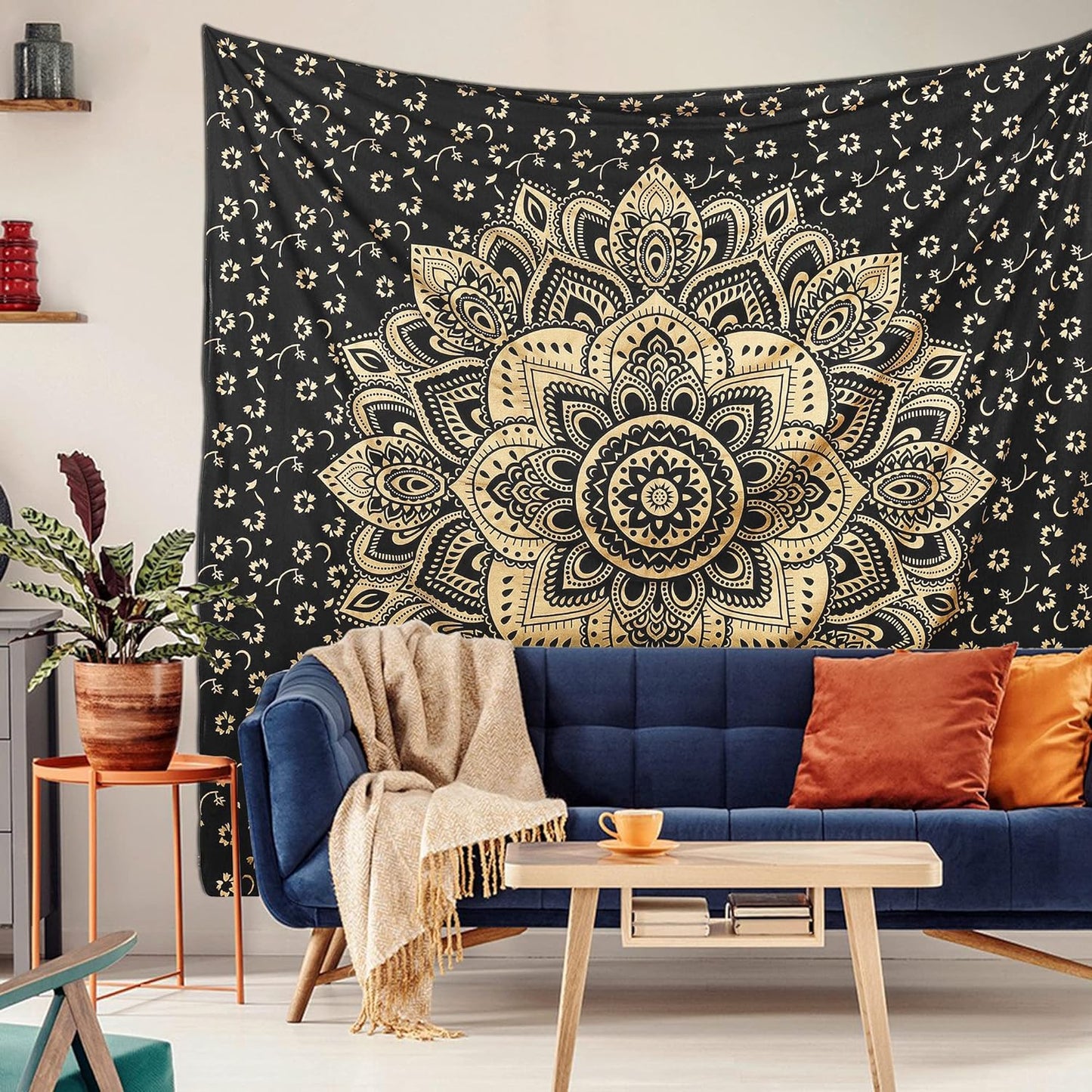 Mandala Tapestry Psychedelic Floral Medallion Hippie Small Tapestries Bohemian Wall Hanging Indian Traditional Design for Living Room Dorm Home Decor 54X60 Inches, Black