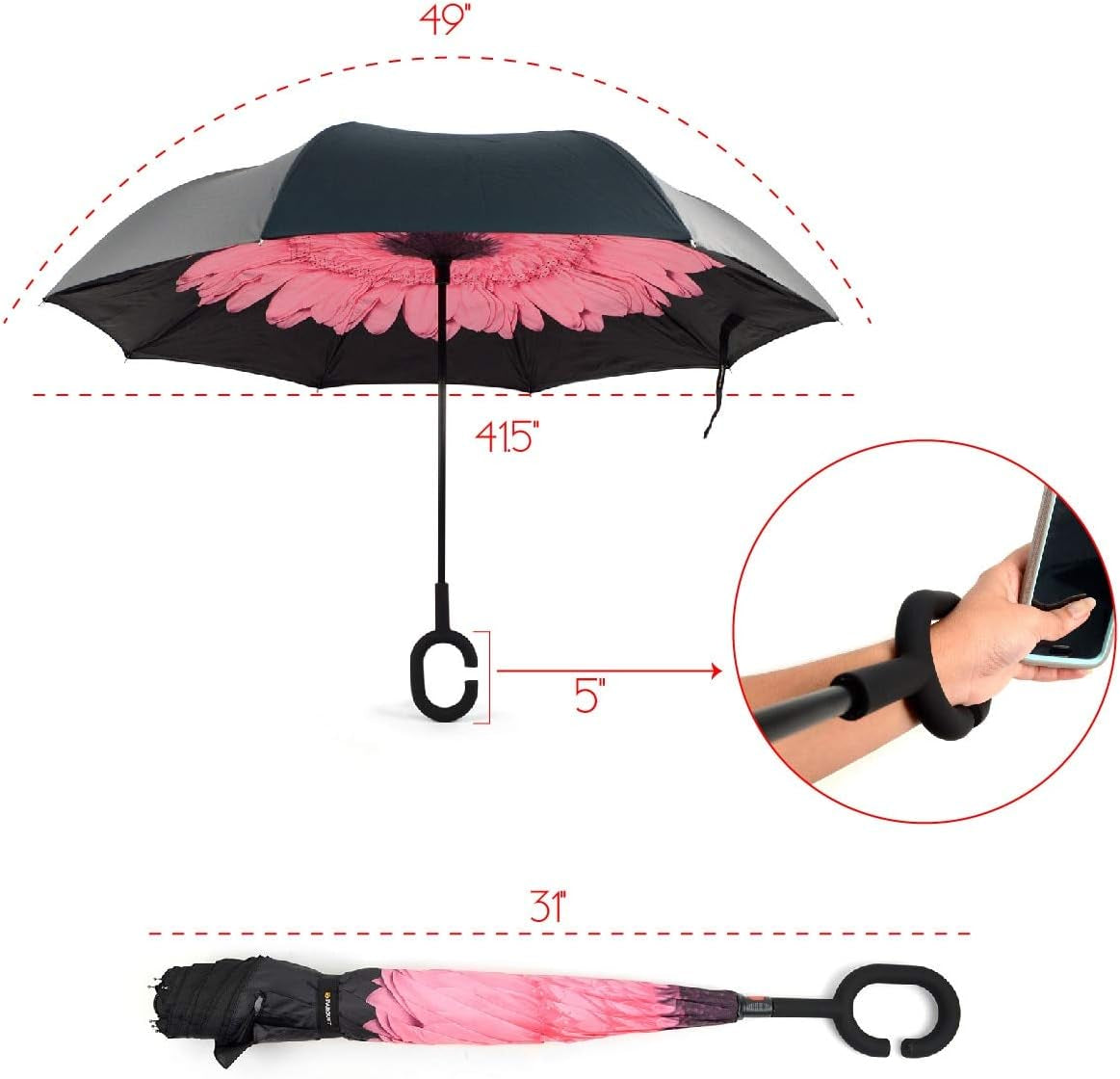 Pink Flower Double Layer Inverted Umbrellas - C Shaped Handle Reverse Folding Windproof Umbrella for Men and Women