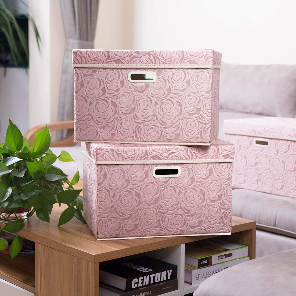 Larger Collapsible Storage Bin with Lid [1-Pack] Fabric Decorative Storage Box Cube Organizer Container Baskes with Handles Divider for Bedroom Closet Living Room Pink 17.7X11.8X11.8 Inch